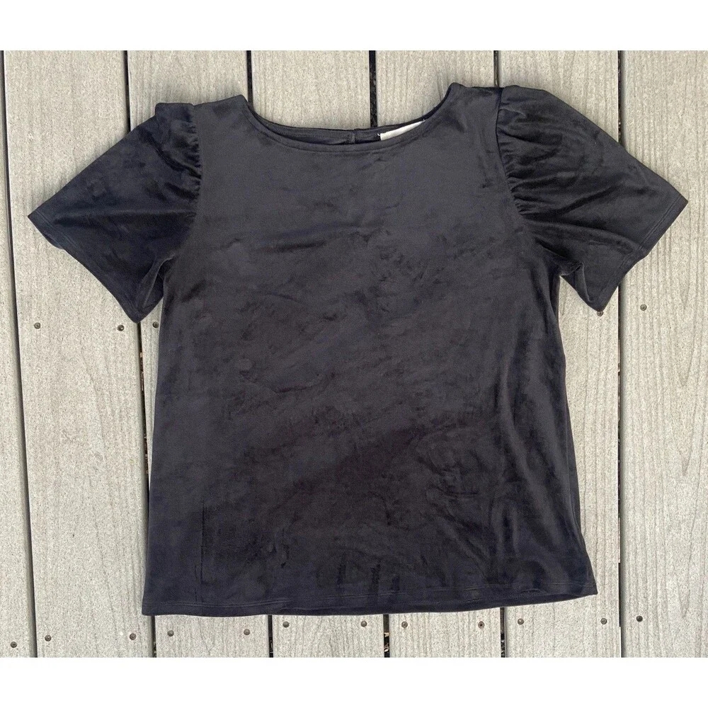 LOFT Petites Black Velvet Puff Sleeve Top L Soft Stretch Short Sleeve Romantic